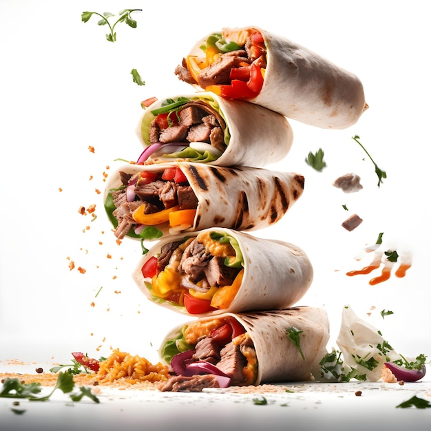 Een stapel burrito's met vlees en groenten erop.