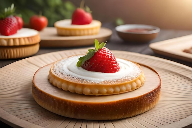 Een stapel cheesecakes met een aardbei erop.