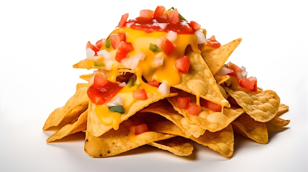 Een stapel cheesy nachos met salsa.