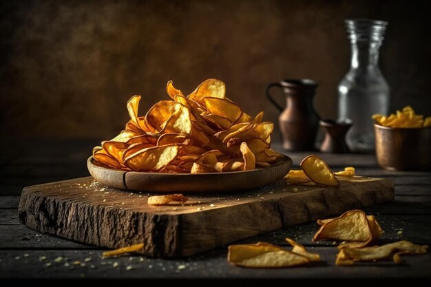 Een stapel chips op een houten snijplank met daarachter een zilveren kan en een zilveren kan.