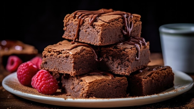 Een stapel chocolade brownies met een framboos erop