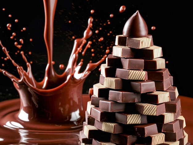 een stapel chocolade met een stuk chocolade op de achtergrond