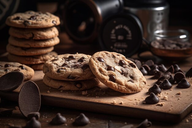 Een stapel chocoladekoekjes met een camera erachter