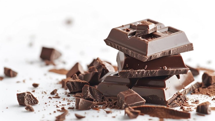 Foto een stapel chocoladekubben met smeltende vloeistof en spetteringen