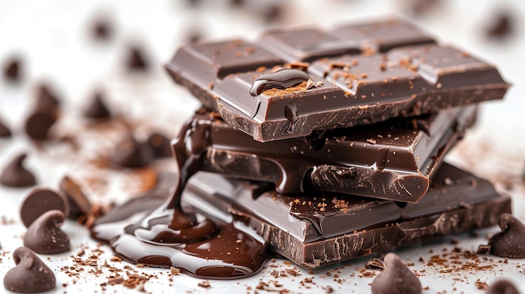 Foto een stapel chocoladekubben met smeltende vloeistof en spetteringen