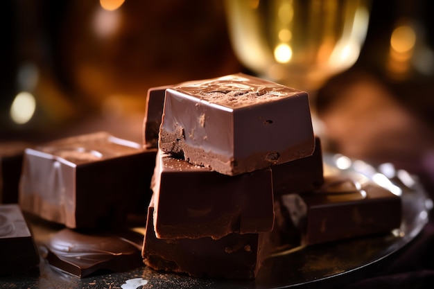 Een stapel chocoladerepen met een glas wijn erachter