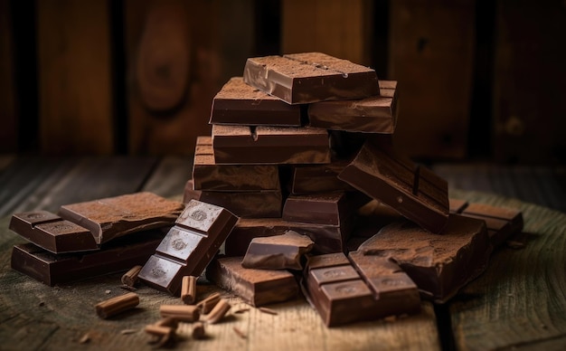 Een stapel chocoladerepen op een houten tafel.