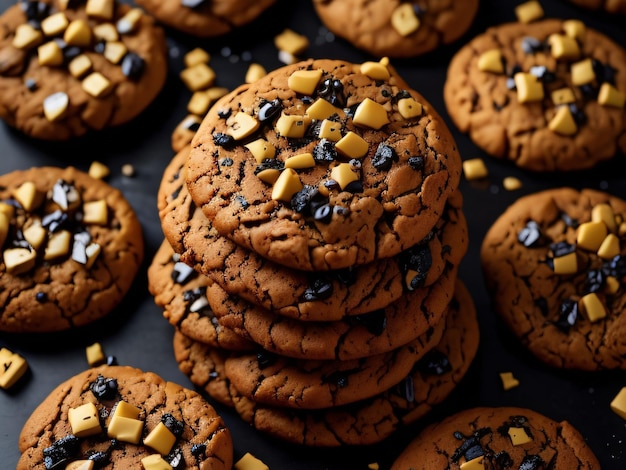 Een stapel chocoladeschilferkoekjes met chocoladeschilfers erop.