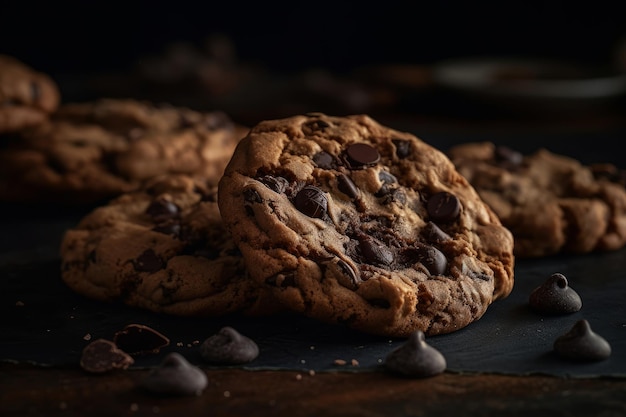 Een stapel chocoladeschilferkoekjes op een zwarte tafel