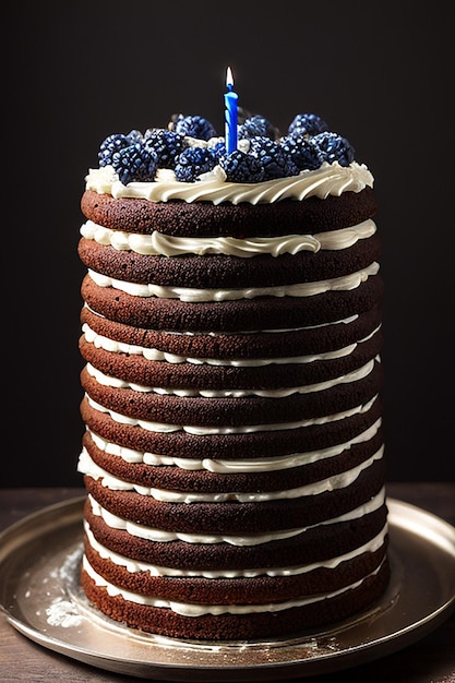 Een stapel chocoladetaart met een blauwe kaars erop.