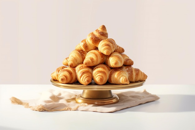 Foto een stapel croissants op een gouden taartstand.