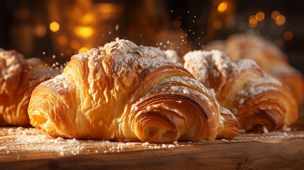 Een stapel croissants op een houten tafel