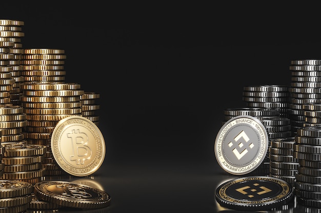 Een stapel cryptocurrency-munten tussen Bitcoin (BTC) en Binance (BNB) in een zwarte scène, digitale valutamunt voor financiële, symbolische uitwisselingsbevordering. 3D-rendering