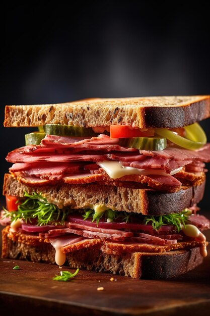 Een stapel delicatessenbroodjes met een broodje erop