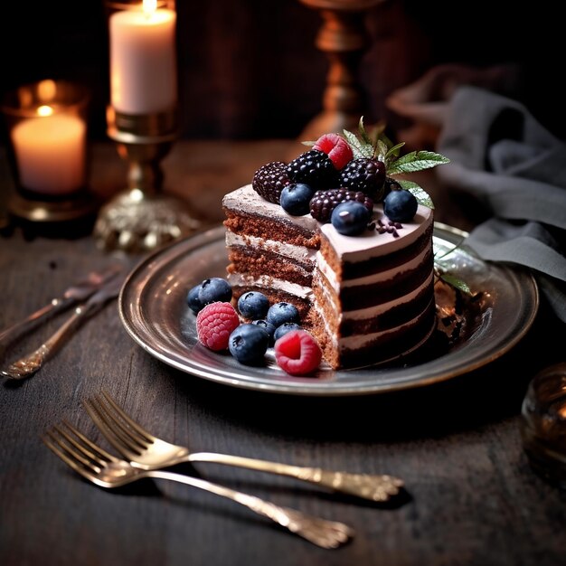 een stapel desserts op een bord met een kaars op de achtergrond.