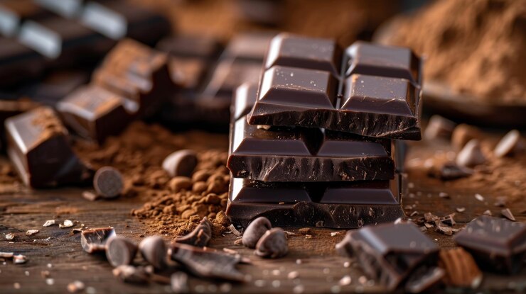 Foto een stapel donkere chocolade met een paar stukjes chocolade erop