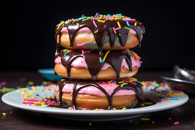 een stapel donuts met chocolade glazuur en besprenkels erop