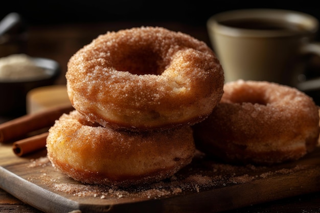 Een stapel donuts met kaneelsuiker erop