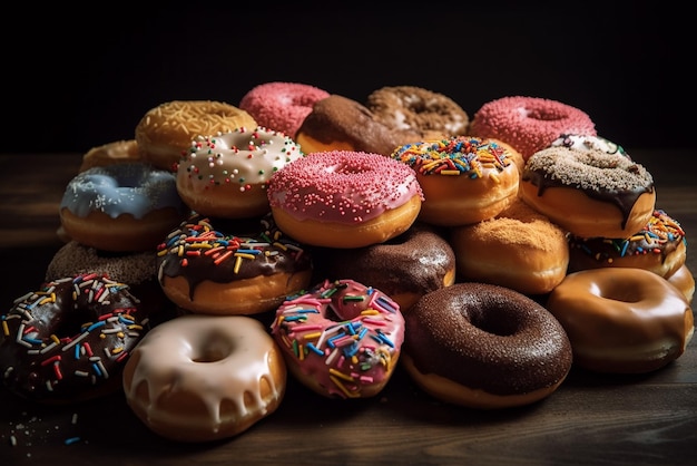 Een stapel donuts met verschillende smaken erop