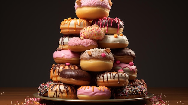 Een stapel donuts met verschillende smaken.