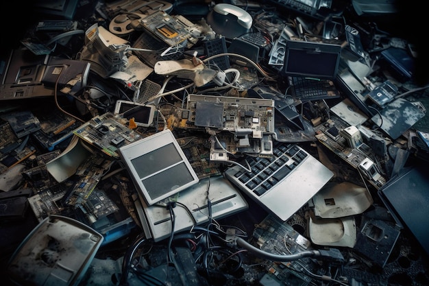 Een stapel elektronica en een laptop op een tafel