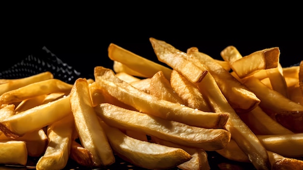 Een stapel frietjes op een zwarte achtergrond