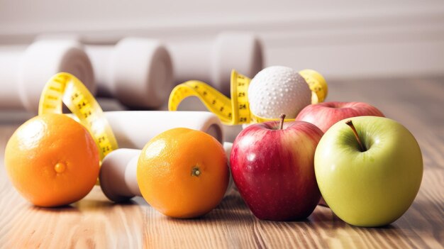 Een stapel fruit en gewichten op een houten tafel