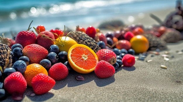 Een stapel fruit op een strand