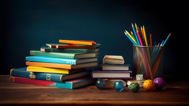 Een stapel gekleurde boeken en potloden op tafel Het concept van het schoolonderwijs voor kinderen AI gegenereerd