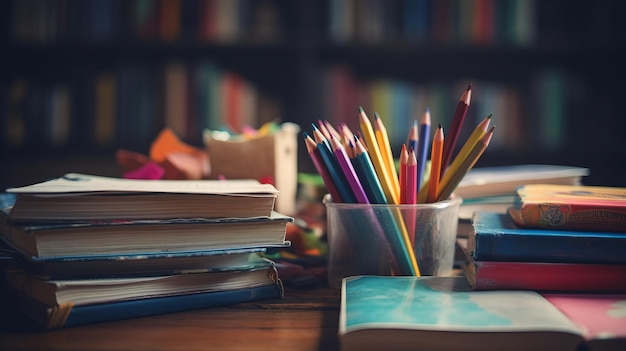 Een stapel gekleurde boeken en potloden op tafel Het concept van het schoolonderwijs voor kinderen AI gegenereerd