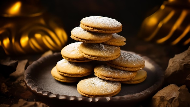 Een stapel gemberkoekjes met poedersuiker erop