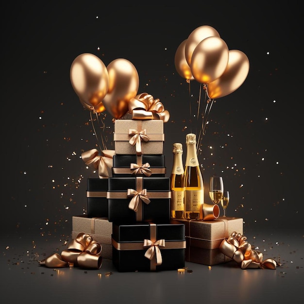 Een stapel geschenken met champagne en ballonnen.