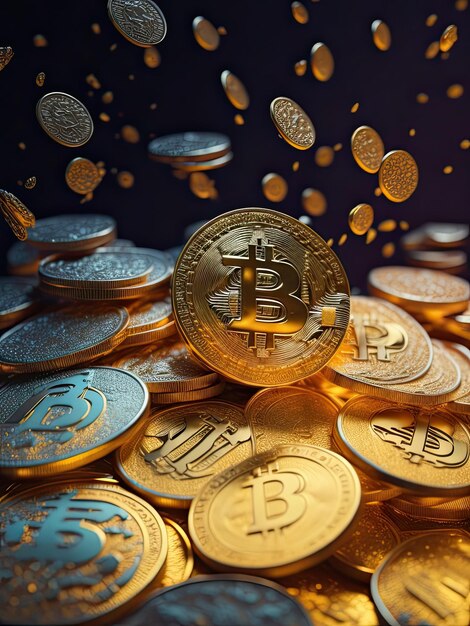 Foto een stapel glinsterende gouden bitcoin-munten