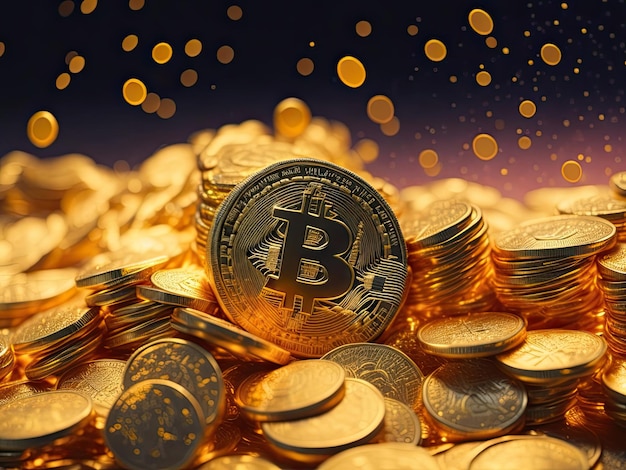 een stapel glinsterende gouden bitcoin-munten