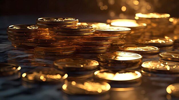 Een stapel gouden munten glinstert in de lichtstralen