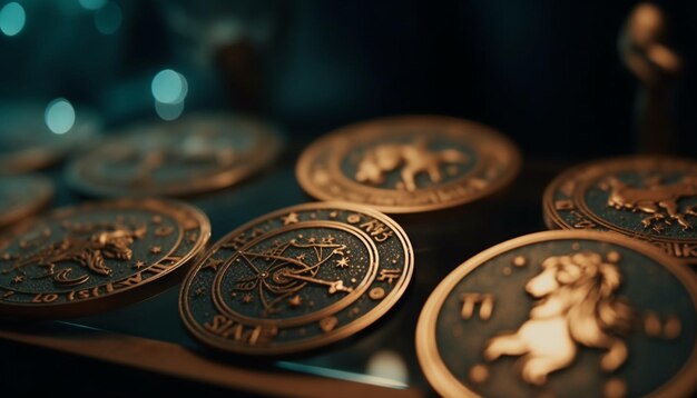 Een stapel gouden munten symboliseert rijkdom en succes gegenereerd door AI