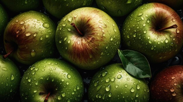 Een stapel groene appels met waterdruppels erop