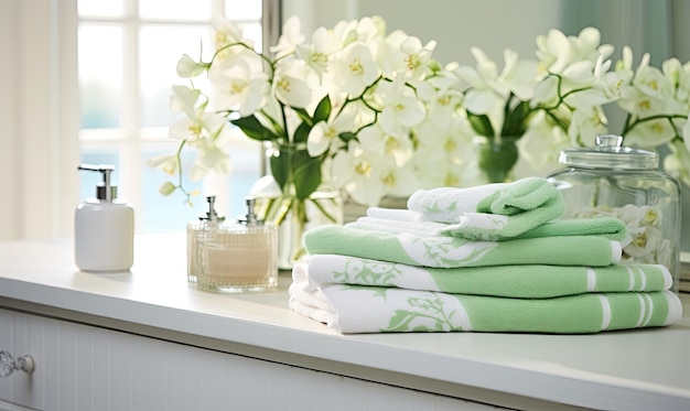 Een stapel groene handdoeken bovenop een toonbank