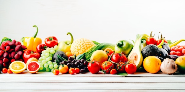 Een stapel groenten en fruit op tafel