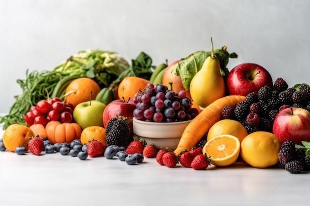 Een stapel groenten en fruit op tafel