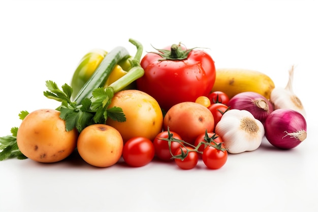 Een stapel groenten, waaronder tomaten, uien en knoflook