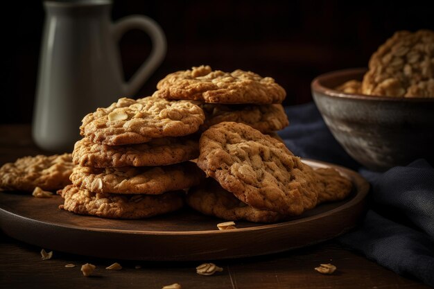 Een stapel havermoutkoekjes op een houten tafel