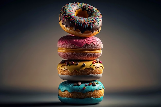 Een stapel heerlijke donuts voor een effen achtergrond die is bespat met glazuur