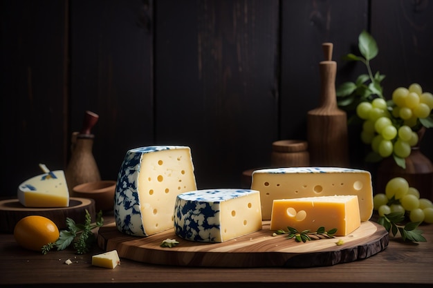 Een stapel heerlijke gele kaas op houten tafel en houten achtergrond