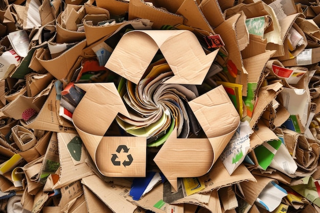 Een stapel kartonnen dozen met een recycling symbool erop