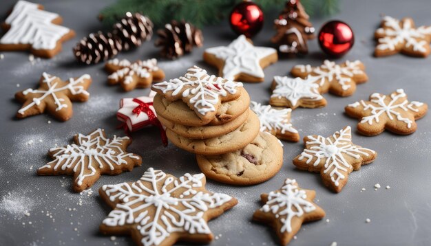 Een stapel kerstkoekjes met witte glazuur en strooitjes.