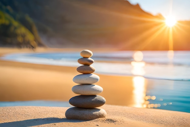 Foto een stapel kiezelstenen op een strand met daarachter de ondergaande zon