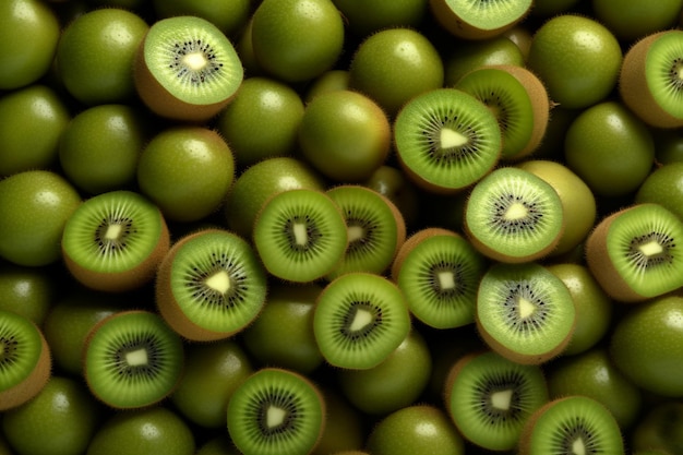 Foto een stapel kiwi's waarvan het midden is afgesneden.