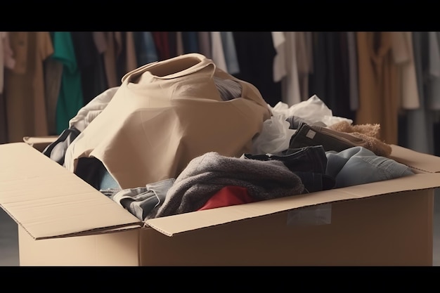 Een stapel kleding in verschillende kleuren in een doos het concept van bewuste kledingconsumptie