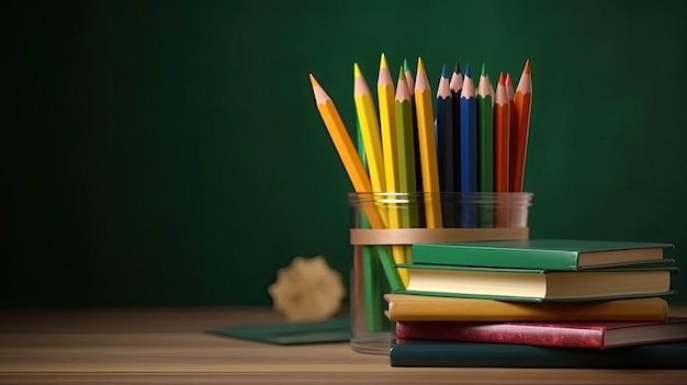 Een stapel kleurpotloden op een bureau met een groene achtergrond